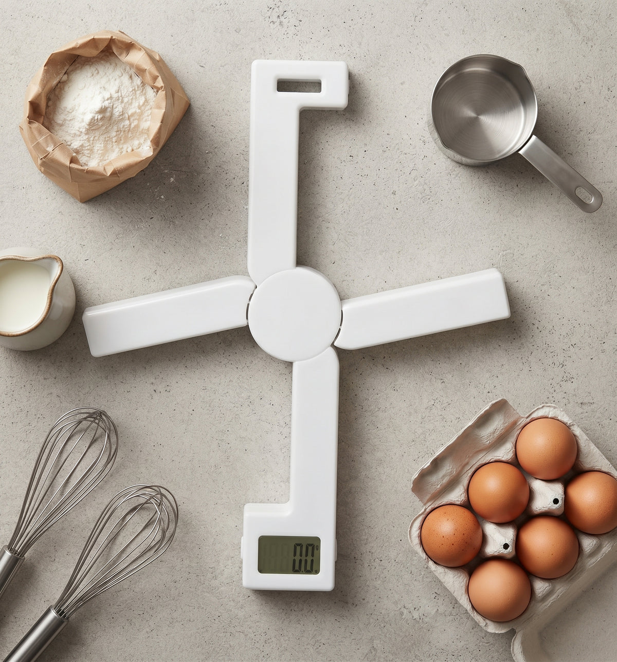 Balance PocketChef blanche dépliée entourée d'ingrédients de pâtisserie